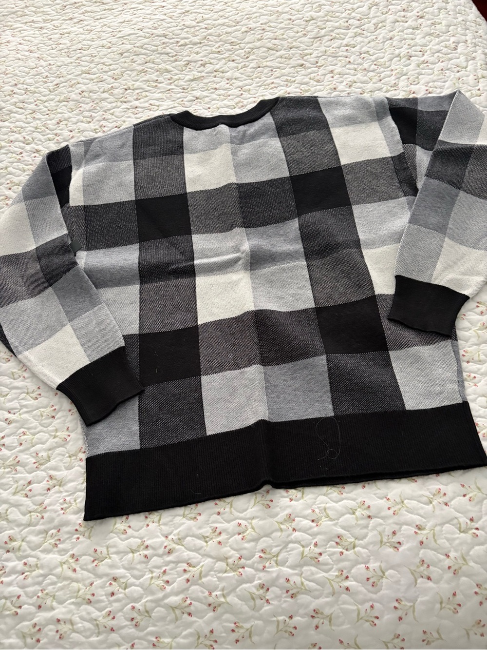 Theory Black & Gray Check Plaid Crewneck Sweater